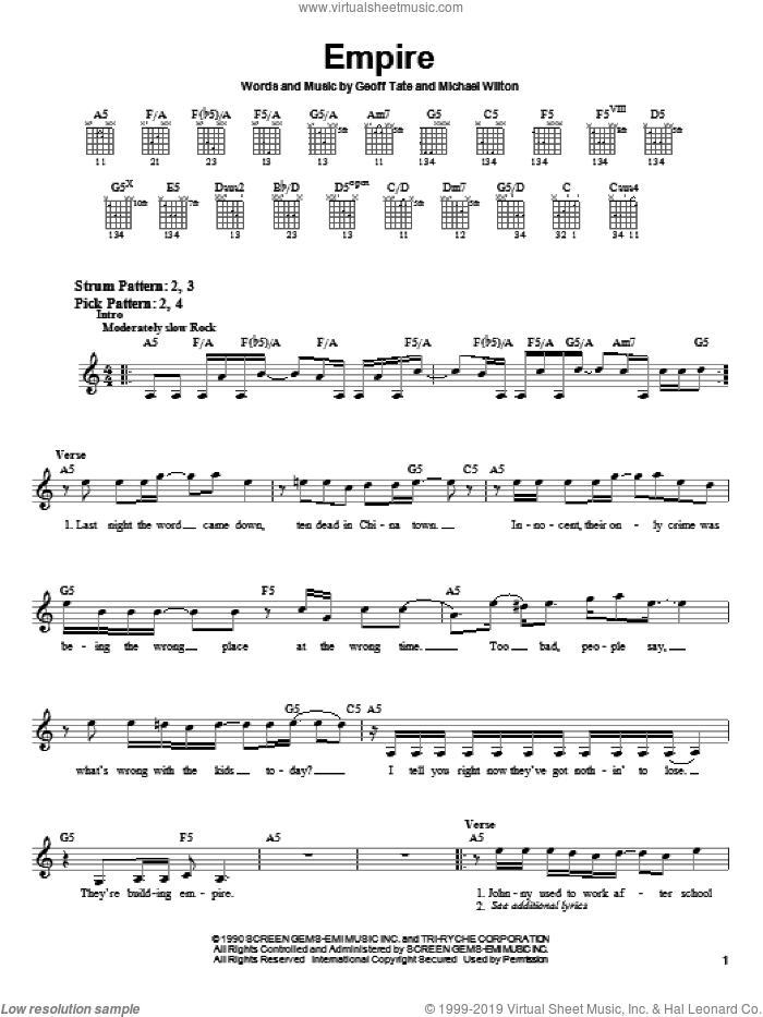 Empire sheet music for guitar solo (chords) by Queensryche, Geoff Tate and Michael Wilton, easy guitar (chords)