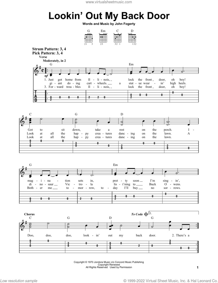 Lookin' Out My Back Door sheet music for guitar solo (easy tablature) by Creedence Clearwater Revival and John Fogerty, easy guitar (easy tablature)