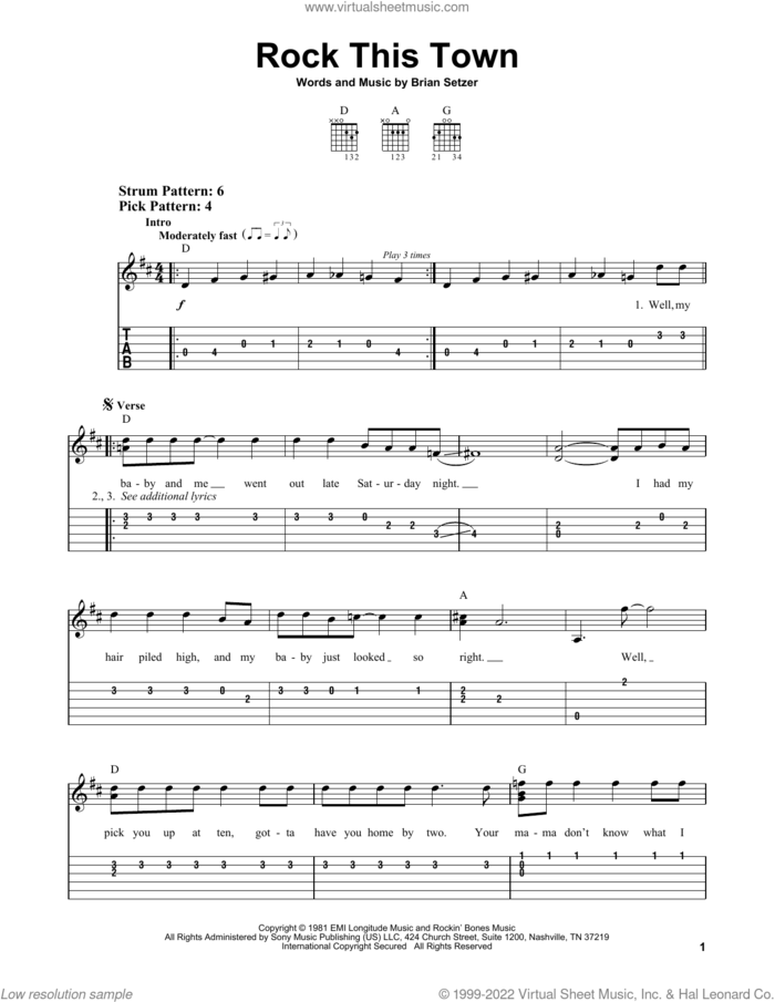 Rock This Town sheet music for guitar solo (easy tablature) by Stray Cats and Brian Setzer, easy guitar (easy tablature)