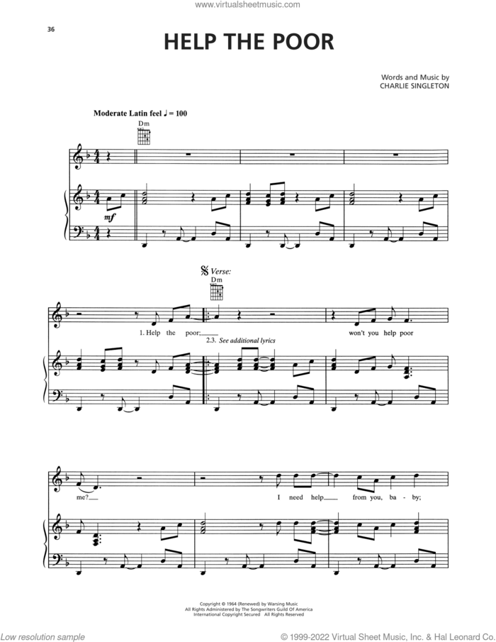 Help The Poor sheet music for voice, piano or guitar by B.B. King and Charlie Singleton, intermediate skill level