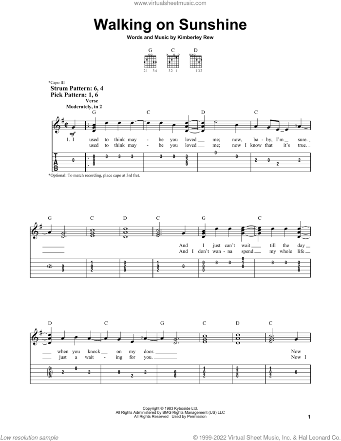 Walking On Sunshine sheet music for guitar solo (easy tablature) by Katrina And The Waves and Kimberley Rew, easy guitar (easy tablature)