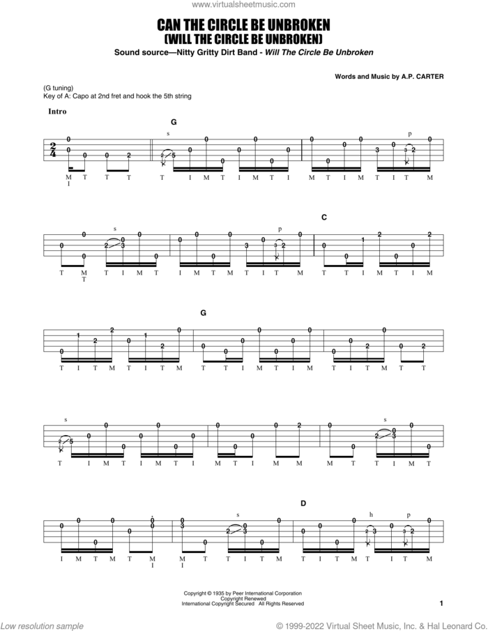 Can The Circle Be Unbroken (Will The Circle Be Unbroken) sheet music for banjo solo by Earl Scruggs, The Nitty Gritty Dirt Band and A.P. Carter, intermediate skill level