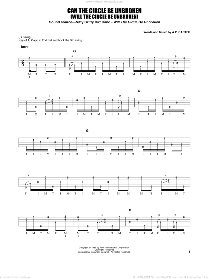 Can The Circle Be Unbroken (Will The Circle Be Unbroken) sheet music for banjo solo by Earl Scruggs, The Nitty Gritty Dirt Band and A.P. Carter, intermediate skill level