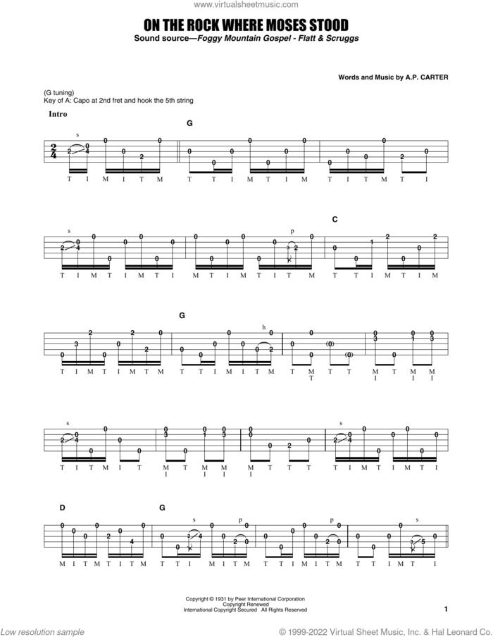 On The Rock Where Moses Stood sheet music for banjo solo by Flatt & Scruggs, Earl Scruggs, The Carter Family and A.P. Carter, intermediate skill level