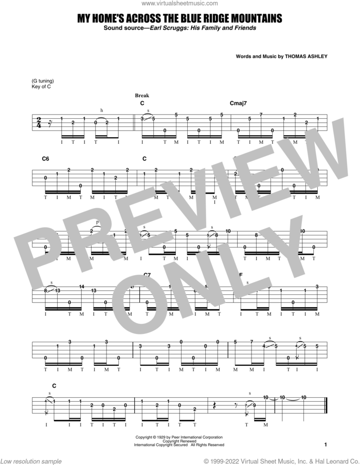 My Home's Across The Blue Ridge Mountains sheet music for banjo solo by Earl Scruggs and Thomas Ashley, intermediate skill level