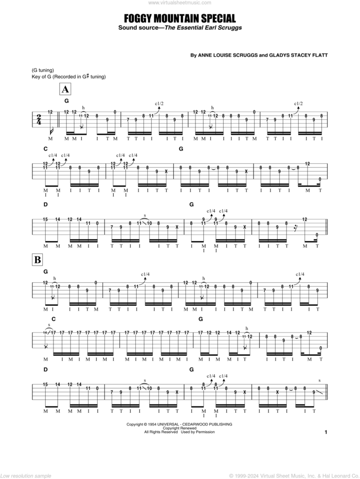 Foggy Mountain Special sheet music for banjo solo by Flatt & Scruggs, Earl Scruggs, Anne Louise Scruggs and Gladys Stacey Flatt, intermediate skill level