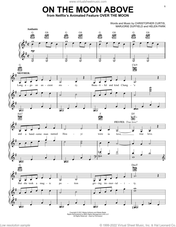 On The Moon Above (from Over The Moon) sheet music for voice, piano or guitar by Cathy Ang, Ruthie Ann Miles and John Cho, Christopher Curtis, Helen Park and Marjorie Duffield, intermediate skill level