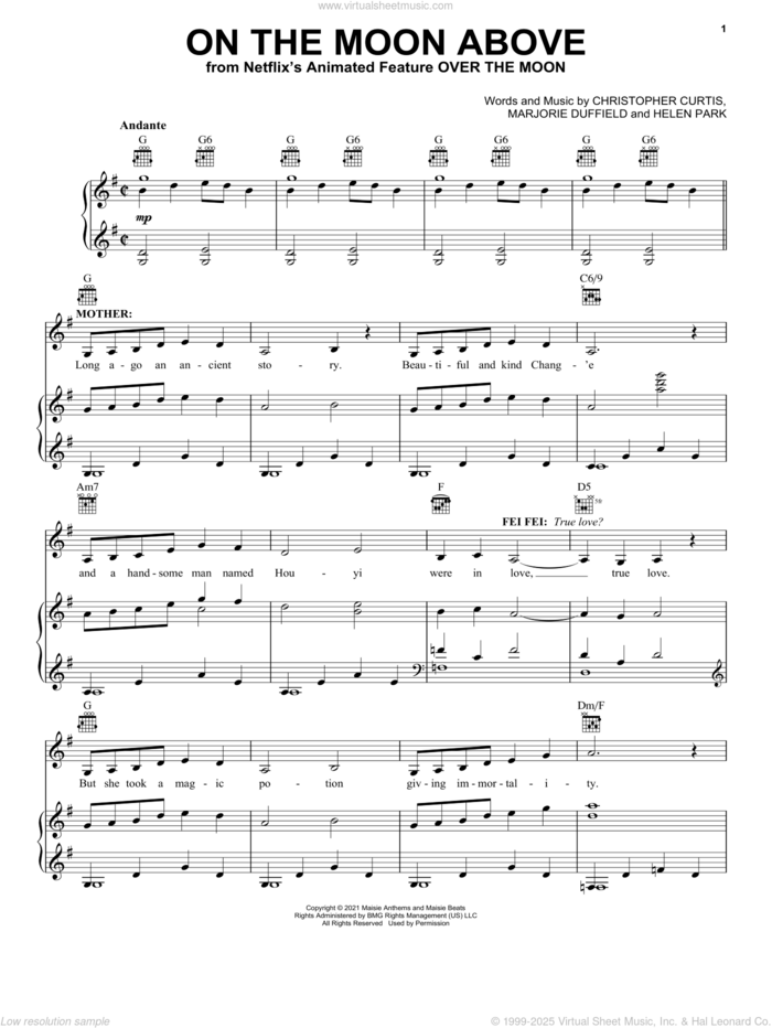 On The Moon Above (from Over The Moon) sheet music for voice, piano or guitar by Cathy Ang, Ruthie Ann Miles and John Cho, Christopher Curtis, Helen Park and Marjorie Duffield, intermediate skill level