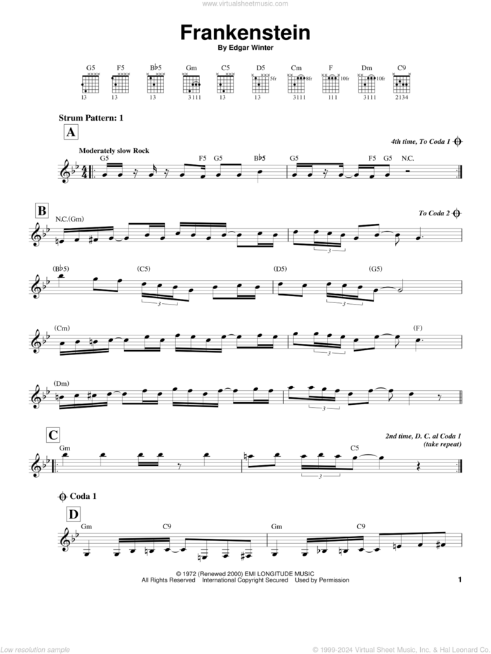 Frankenstein sheet music for guitar solo (chords) by Edgar Winter Group and Edgar Winter, easy guitar (chords)