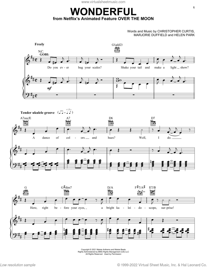 Wonderful (from Over The Moon) sheet music for voice, piano or guitar by Cathy Ang and Ken Jeong, Christopher Curtis, Helen Park and Marjorie Duffield, intermediate skill level