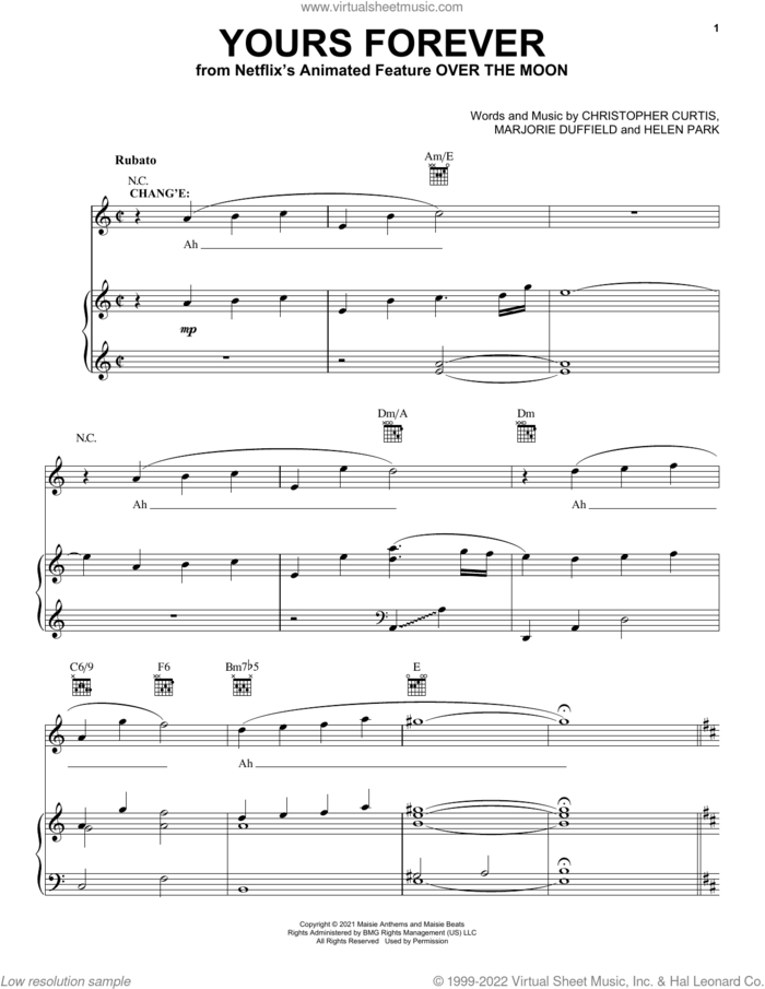 Yours Forever (from Over The Moon) sheet music for voice, piano or guitar by Phillipa Soo and Conrad Ricamora, Christopher Curtis, Helen Park and Marjorie Duffield, intermediate skill level