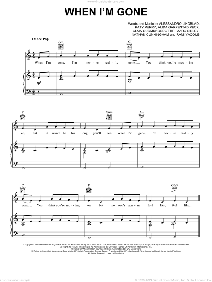 When I'm Gone sheet music for voice, piano or guitar by Alesso feat. Katy Perry, Alessandro Lindblad, Alida Garpestad Peck, Alma Goodman, Katy Perry, Marc Sibley, Nathan Cunningham and Rami, intermediate skill level