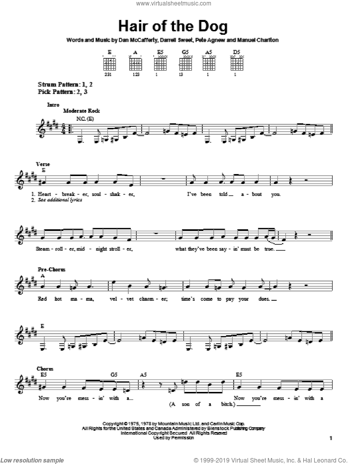 Hair Of The Dog sheet music for guitar solo (chords) by Nazareth, Dan McCafferty, Darrell Sweet and Pete Agnew, easy guitar (chords)