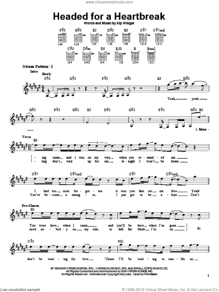 Headed For A Heartbreak sheet music for guitar solo (chords) by Winger and Kip Winger, easy guitar (chords)