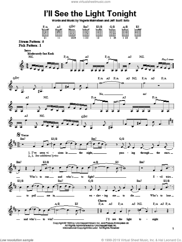 I'll See The Light Tonight sheet music for guitar solo (chords) by Yngwie Malmsteen and Jeff Scott Soto, easy guitar (chords)