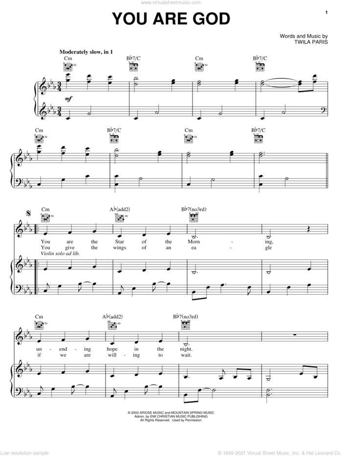 You Are God sheet music for voice, piano or guitar by Twila Paris, intermediate skill level