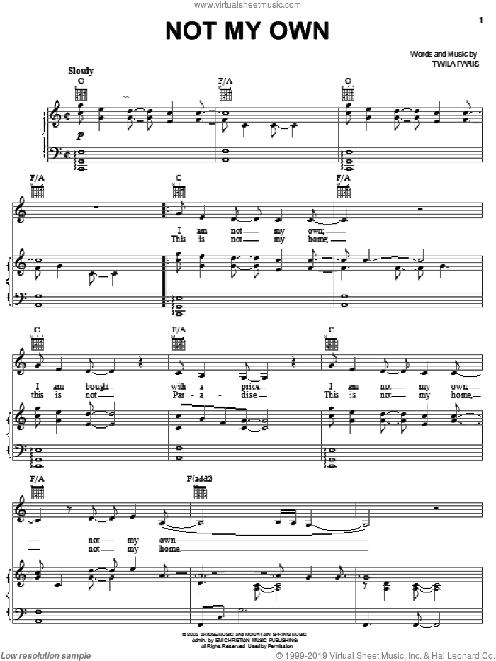 Not My Own sheet music for voice, piano or guitar by Twila Paris, intermediate skill level