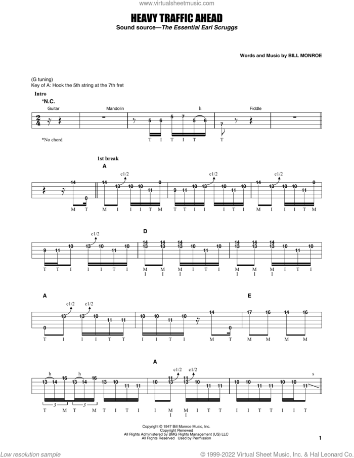 Heavy Traffic Ahead sheet music for banjo solo by Earl Scruggs and Bill Monroe, intermediate skill level