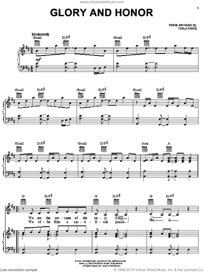 Glory And Honor sheet music for voice, piano or guitar by Twila Paris, intermediate skill level