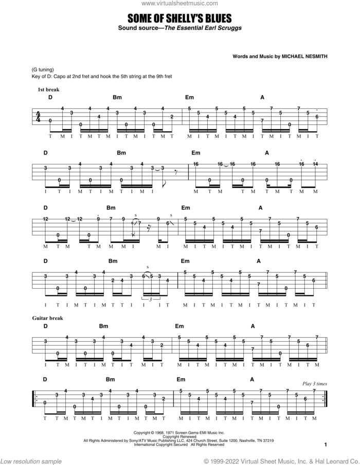 Some Of Shelly's Blues sheet music for banjo solo by Earl Scruggs and Michael Nesmith, intermediate skill level