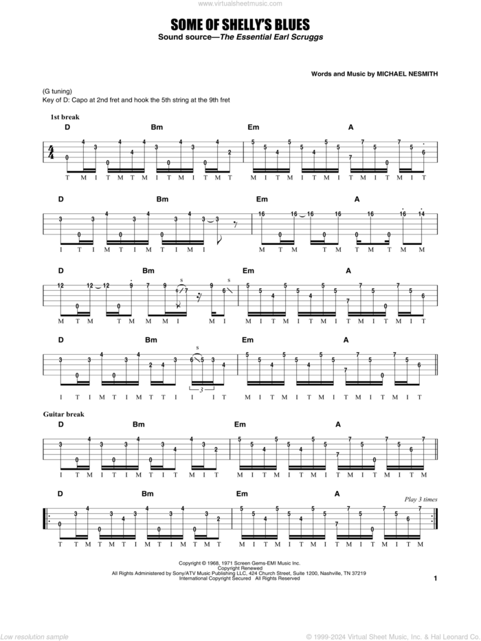 Some Of Shelly's Blues sheet music for banjo solo by Earl Scruggs and Michael Nesmith, intermediate skill level