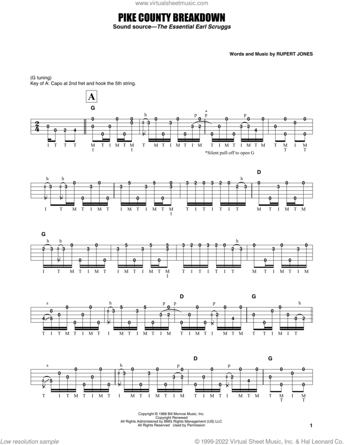 Pike County Breakdown sheet music for banjo solo by Earl Scruggs and Rupert Jones, intermediate skill level