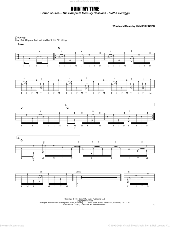 Doin' My Time sheet music for banjo solo by Flatt & Scruggs, Earl Scruggs and Jimmie Skinner, intermediate skill level