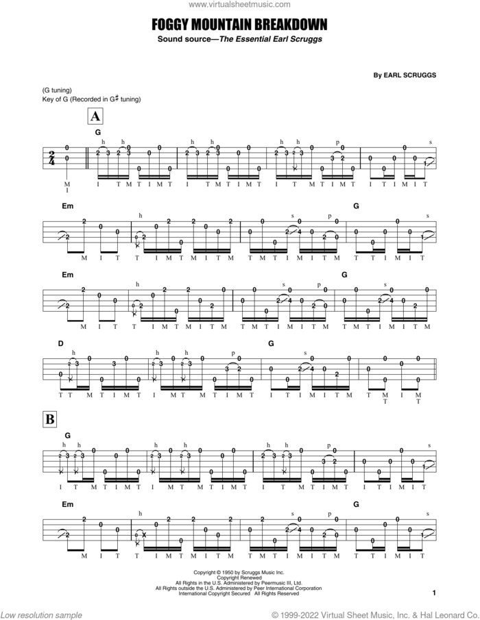 Foggy Mountain Breakdown sheet music for banjo solo by Earl Scruggs and Lester Flatt & Earl Scruggs, intermediate skill level