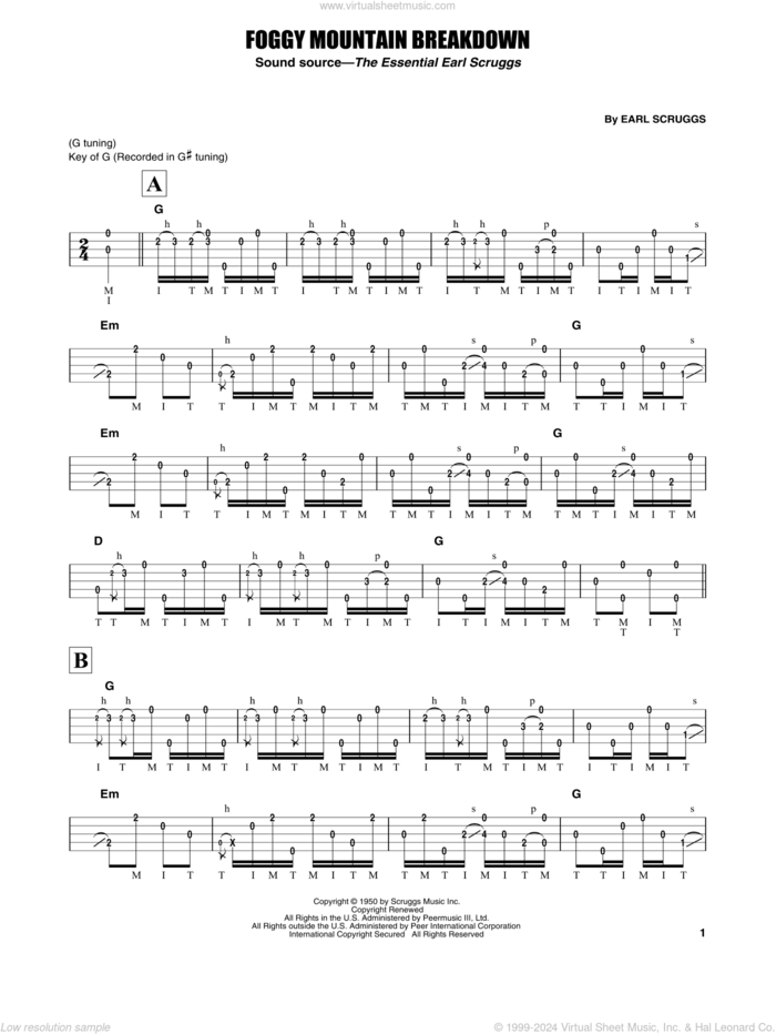 Foggy Mountain Breakdown sheet music for banjo solo by Earl Scruggs and Lester Flatt & Earl Scruggs, intermediate skill level