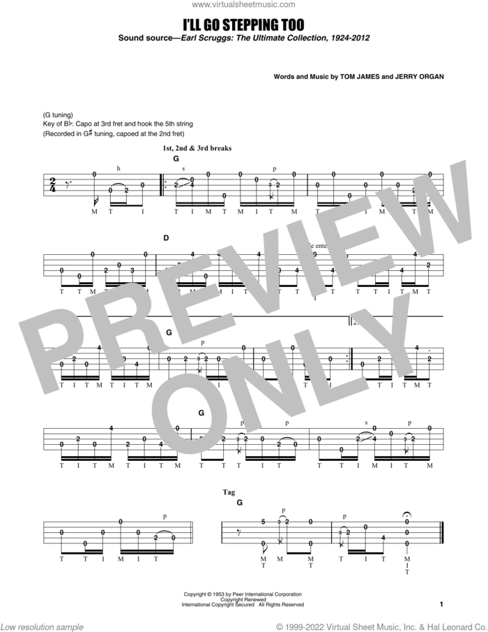 I'll Go Stepping Too sheet music for banjo solo by Earl Scruggs, Jerry Organ and Tommy James, intermediate skill level