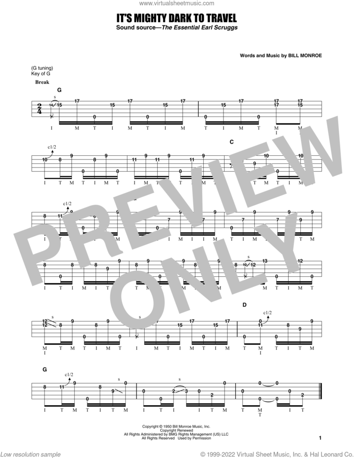 It's Mighty Dark To Travel sheet music for banjo solo by Earl Scruggs and Bill Monroe, intermediate skill level