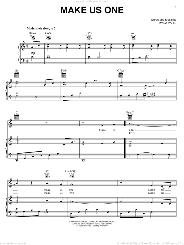 Make Us One sheet music for voice, piano or guitar by Twila Paris, intermediate skill level