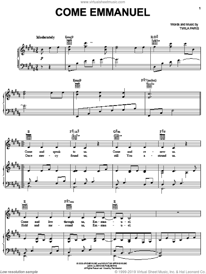 Come Emmanuel sheet music for voice, piano or guitar by Twila Paris, intermediate skill level