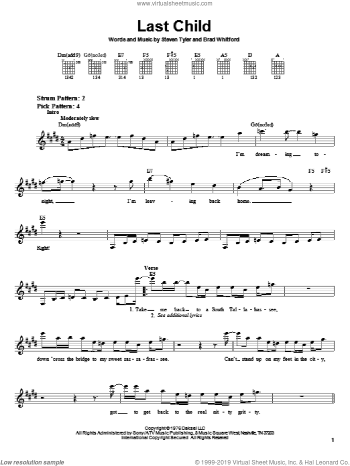 Last Child sheet music for guitar solo (chords) by Aerosmith, Brad Whitford and Steven Tyler, easy guitar (chords)