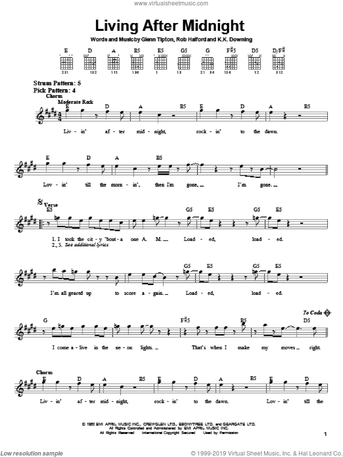 Living After Midnight sheet music for guitar solo (chords) by Judas Priest, Glenn Tipton, K.K. Downing and Rob Halford, easy guitar (chords)