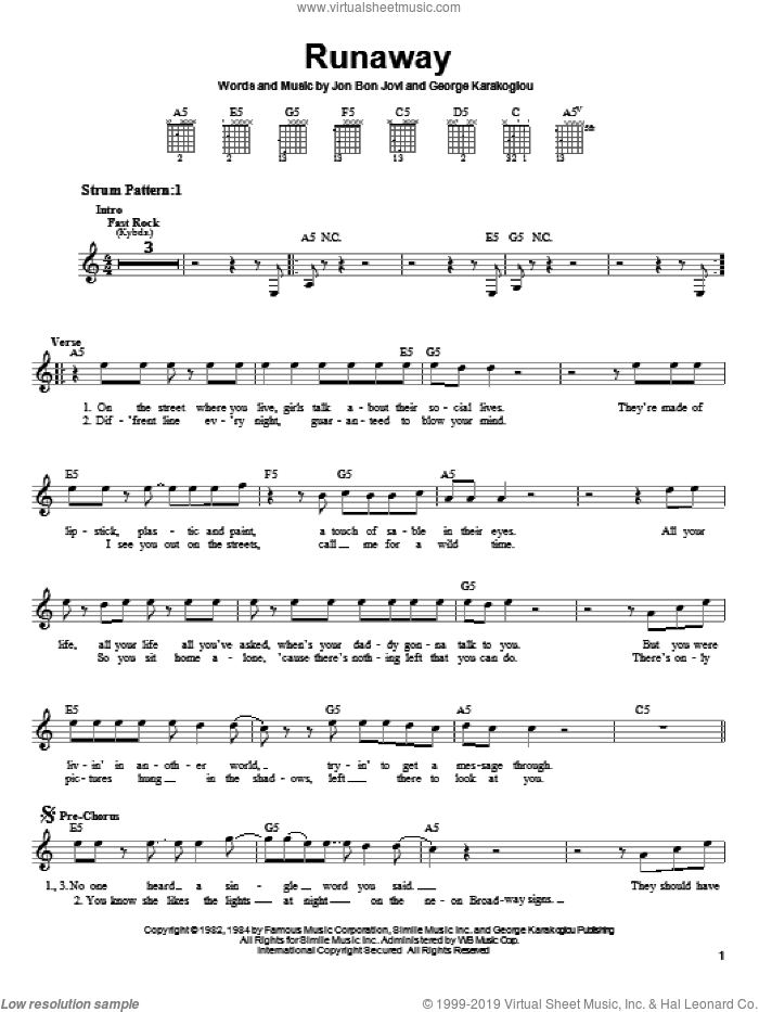 Runaway sheet music for guitar solo (chords) by Bon Jovi and George Karak, easy guitar (chords)