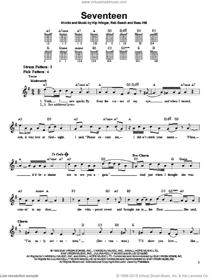 Seventeen sheet music for guitar solo (chords) by Winger, Beau Hill, Kip Winger and Reb Beach, easy guitar (chords)