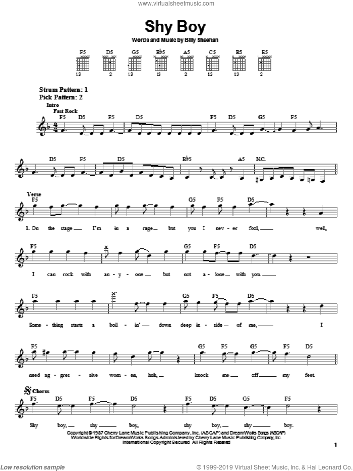Shy Boy sheet music for guitar solo (chords) by David Lee Roth, Mr. Big and Billy Sheehan, easy guitar (chords)
