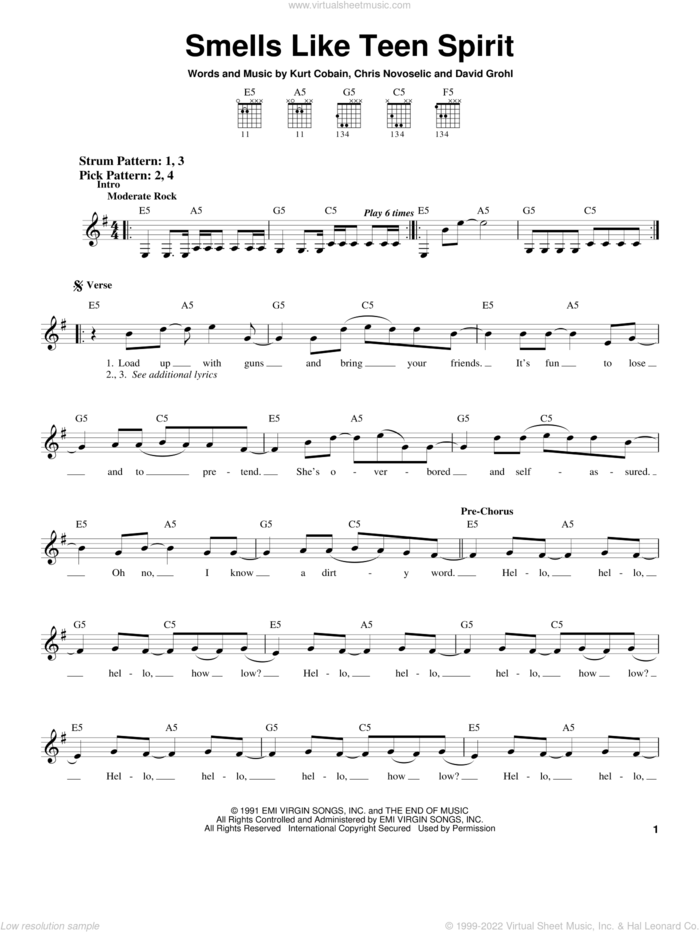 Smells Like Teen Spirit sheet music for guitar solo (chords) by Nirvana, Chris Novoselic, Dave Grohl and Kurt Cobain, easy guitar (chords)