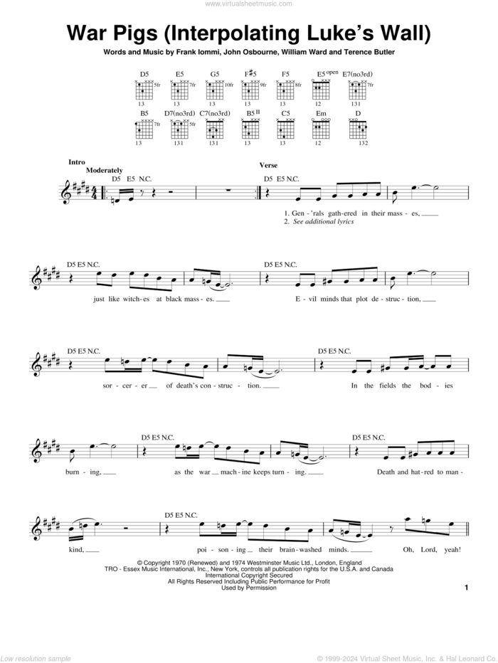 War Pigs (Interpolating Luke's Wall) sheet music for guitar solo (chords) by Black Sabbath, Ozzy Osbourne, Frank Iommi, John Osbourne and William Ward, easy guitar (chords)