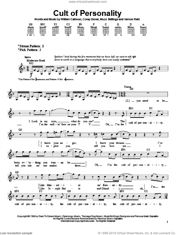 Cult Of Personality sheet music for guitar solo (chords) by Living Colour, Corey Glover, Vernon Reid and Will Calhoun, easy guitar (chords)
