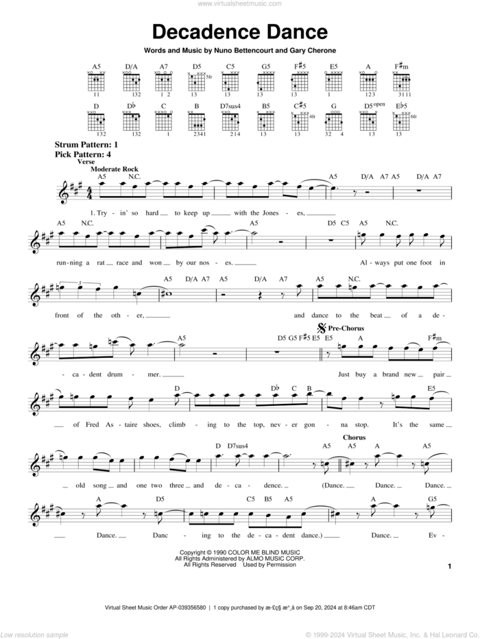 Decadence Dance sheet music for guitar solo (chords) by Extreme, Gary Cherone and Nuno Bettencourt, easy guitar (chords)