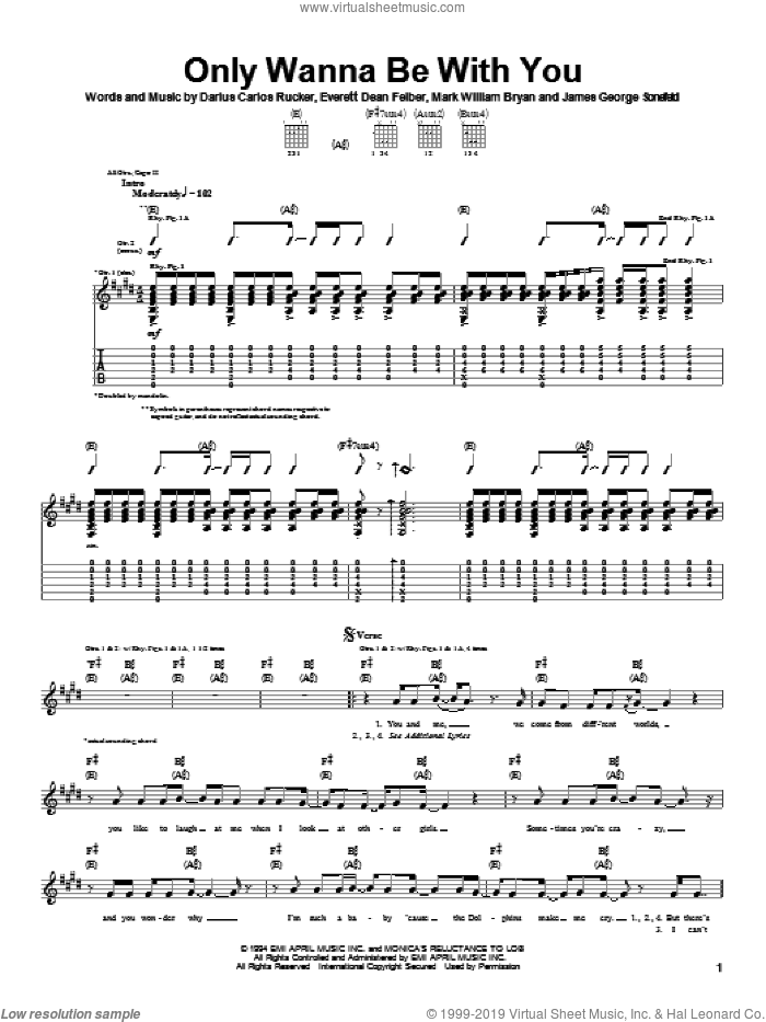 Only Wanna Be With You sheet music for guitar (tablature) by Hootie & The Blowfish, Darius Carlos Rucker, Everett Dean Felber and Mark William Bryan, intermediate skill level