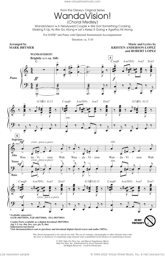WandaVision! (Choral Medley) (arr. Mark Brymer) sheet music for choir (SATB: soprano, alto, tenor, bass) by Kristen Anderson-Lopez & Robert Lopez, Mark Brymer, Kristen Anderson-Lopez and Robert Lopez, intermediate skill level