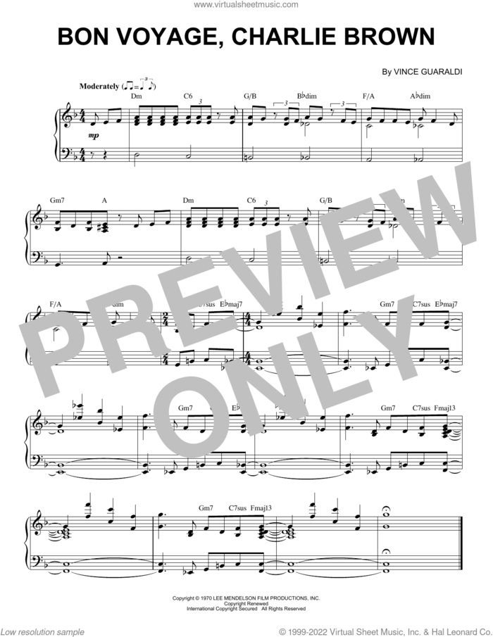 Bon Voyage, Charlie Brown sheet music for piano solo by Vince Guaraldi, intermediate skill level