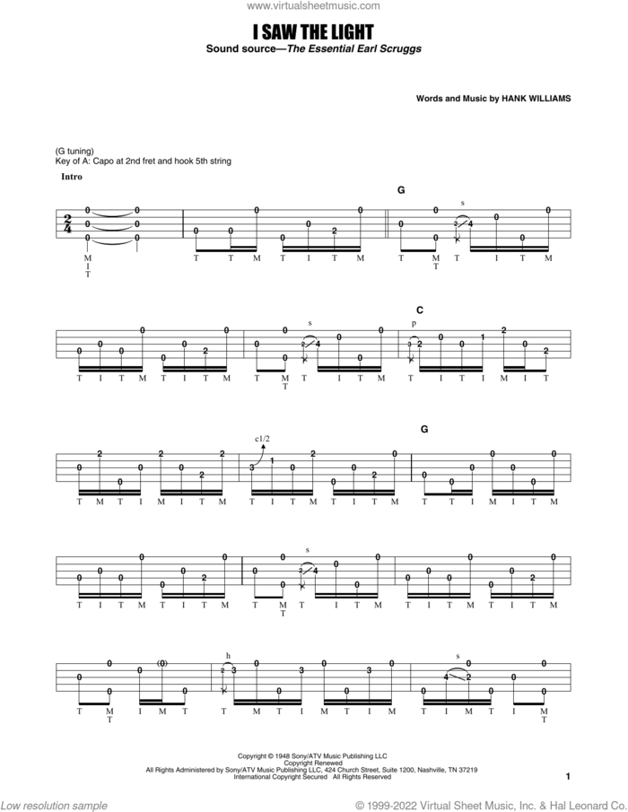 I Saw The Light sheet music for banjo solo by Earl Scruggs and Hank Williams, intermediate skill level