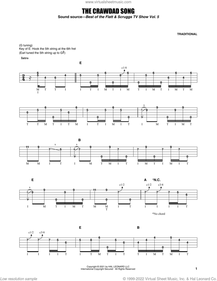 The Crawdad Song sheet music for banjo solo by Earl Scruggs and Miscellaneous, intermediate skill level