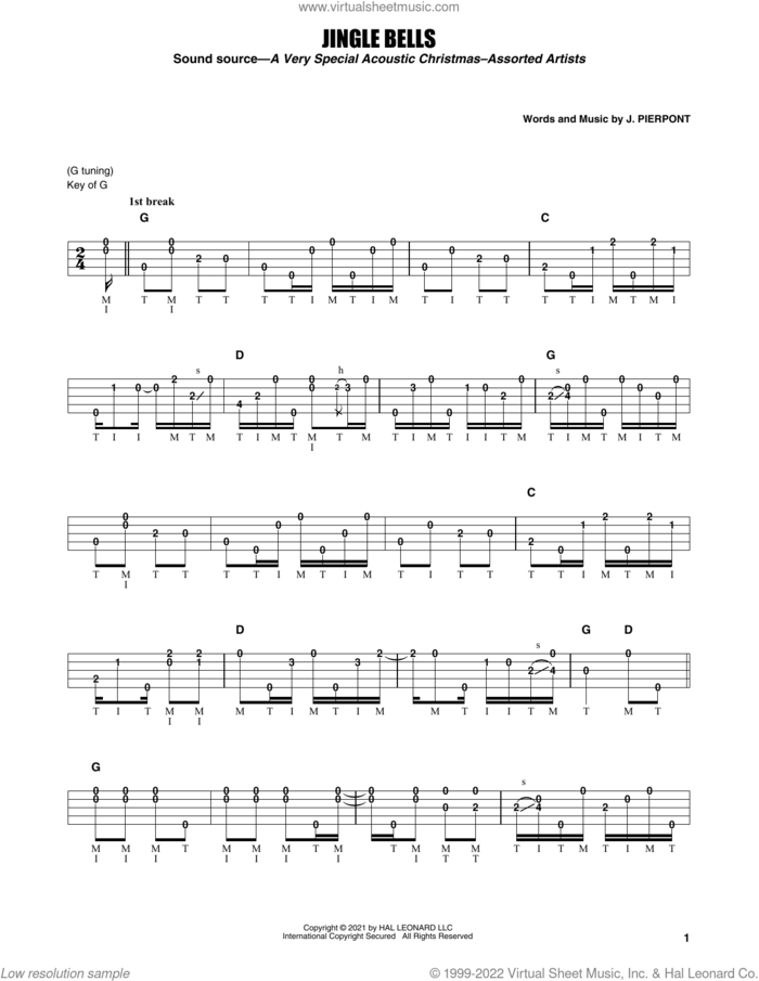 Jingle Bells sheet music for banjo solo by Earl Scruggs, Alan Jackson, Kenny Chesney and James Pierpont, intermediate skill level