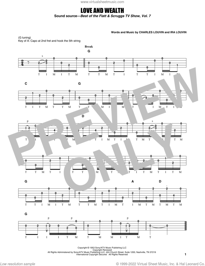 Love And Wealth sheet music for banjo solo by Earl Scruggs, Charles Louvin and Ira Louvin, intermediate skill level