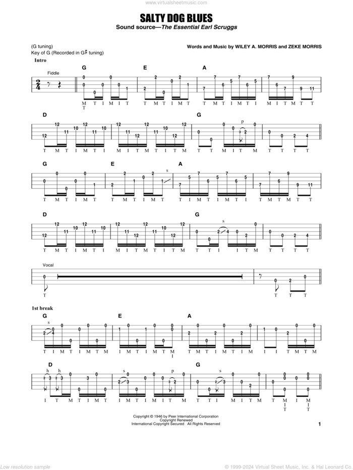 Salty Dog Blues sheet music for banjo solo by Flatt & Scruggs, Earl Scruggs, Wiley A. Morris and Zeke Morris, intermediate skill level